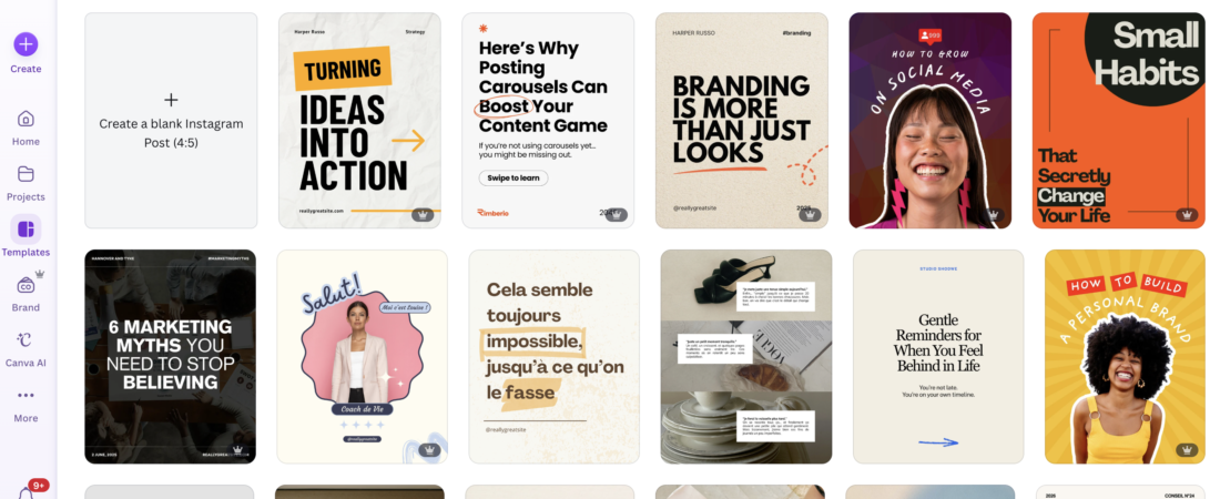 A screenshot of various Instagram post templates in Canva